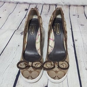 Coach Brown Logo Jacquard Wedges 5.5 Bow Shoes